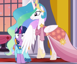 Size: 1207x1011 | Tagged: safe, screencap, princess celestia, twilight sparkle, alicorn, pony, g4, make new friends but keep discord, alternate hairstyle, clothes, cropped, dress, female, mare, twilight sparkle (alicorn), wing hands, wing shove, wingpush