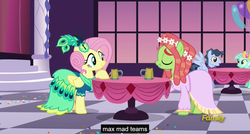 Size: 1600x855 | Tagged: safe, screencap, fluttershy, lyra heartstrings, tree hugger, g4, make new friends but keep discord, clothes, dress, gala dress, hooves on the table, meme, youtube caption