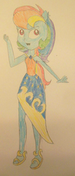 Size: 392x916 | Tagged: safe, artist:berrypunchrules, rainbow dash, equestria girls, g4, make new friends but keep discord, my little pony: friendship is magic, alternate hairstyle, clothes, dress, female, gala dress, ponied up, pony ears, sandals, solo, traditional art