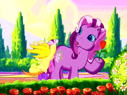Size: 640x480 | Tagged: safe, screencap, wysteria, zipzee, breezie, earth pony, pony, g3, the princess promenade, allergies, animated, cinemagraph, female, flower, friendship and flowers, gif, pole dancing, shovel, spinning, you spin me right round