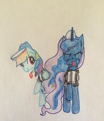 Size: 702x815 | Tagged: safe, artist:rainbowrules, princess luna, rainbow dash, g4, baseball cap, blowing, blowing whistle, hat, puffy cheeks, rainbow dashs coaching whistle, referee, referee rainbow dash, sports, the fun has been doubled, traditional art, whistle, whistle necklace