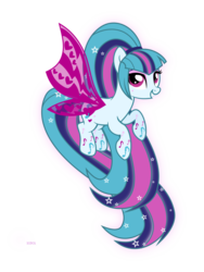 Size: 2419x3210 | Tagged: safe, artist:xebck, sonata dusk, pony, g4, butterfly wings, equestria girls ponified, female, high res, multicolored hair, music notes, pink wings, ponified, rainbow hair, rainbow power, rainbow power-ified, rainbow tail, solo
