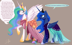 Size: 3200x2000 | Tagged: safe, artist:silfoe, princess celestia, princess luna, alicorn, pony, royal sketchbook, g4, make new friends but keep discord, braided tail, clothes, crown, dialogue, dress, female, gala dress, high res, hoof shoes, jewelry, mare, raised leg, regalia, royal sisters, talking, wing hole