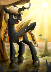 Size: 2000x2827 | Tagged: safe, artist:vavacung, oc, oc only, oc:mirage, changeling, alternate hairstyle, braid, crepuscular rays, high res, pointing, raised hoof, solo, sun, tree, yellow changeling