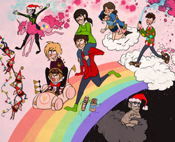 Size: 1500x1216 | Tagged: safe, artist:cup-o-hannibal, pinkie pie, elf, human, pony, unicorn, g4, arthur christmas, car, cloud, crossover, disney, dreamworks, fix-it felix jr., gollum, hat, kart, king candy, kyle gallner, lightsaber, loki, lord of the rings, marvel, race swap, rain, rainbow, riding, rise of the guardians, santa hat, sausage roll, self insert, smarties, star wars, wreck-it ralph