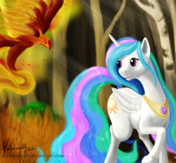 Size: 1600x1486 | Tagged: safe, artist:winternachts, philomena, princess celestia, phoenix, g4, fire, forest