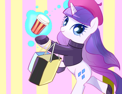 Size: 400x307 | Tagged: safe, artist:pan, rarity, g4, beatnik rarity, beret, clothes, coffee, female, hat, shopping bag, solo, sweater