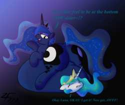 Size: 1218x1024 | Tagged: safe, artist:zeldafan777, princess celestia, princess luna, g4, belly, belly bed, big belly, butt, dock, fat, impossibly large belly, moonbutt, obese, plot, princess moonpig, the ass was fat