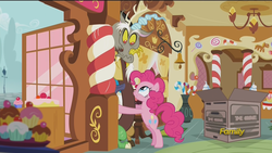 Size: 1920x1080 | Tagged: safe, screencap, discord, pinkie pie, draconequus, earth pony, pony, g4, make new friends but keep discord, annoyed, discord is not amused, female, hape, hug, mare, out of context, stranger danger, unamused