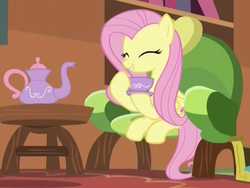 Size: 680x510 | Tagged: safe, screencap, fluttershy, pegasus, pony, g4, make new friends but keep discord, cropped, cute, eyes closed, female, mare, shyabetes, sitting, smiling, solo, tea, teacup, teapot