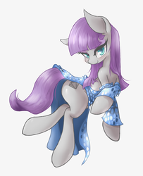 Size: 742x914 | Tagged: safe, artist:mlpanon, maud pie, earth pony, pony, g4, make new friends but keep discord, bedroom eyes, blushing, clothes, dress, female, gala dress, leaning, looking at you, mare, simple background, smiling, solo, undressing, white background, wrong cutie mark