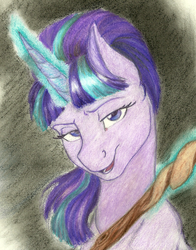 Size: 793x1014 | Tagged: safe, artist:skybounddeos, starlight glimmer, g4, the cutie map, female, glowing horn, horn, portrait, s5 starlight, simple background, solo, staff, staff of sameness, traditional art