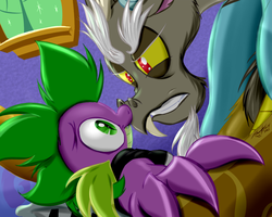 Size: 960x768 | Tagged: safe, artist:frist44, discord, spike, draconequus, dragon, g4, make new friends but keep discord, angry, bed, boop, cute, death stare, eye contact, fluffy, frown, glare, gritted teeth, looking at each other, noseboop, older, scene interpretation, wavy mouth, wide eyes, window
