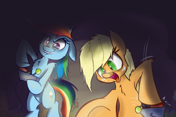 Size: 900x600 | Tagged: safe, artist:heir-of-rick, applejack, rainbow dash, pony, daily apple pony, g4, bipedal, controller, hoof hold, joystick, video game