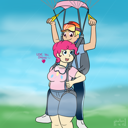 Size: 1000x1000 | Tagged: safe, artist:phallen1, pinkie pie, rainbow dash, human, g4, air ponyville, falling, female, flying, goggles, harness, humanized, lesbian, parachute, ship:pinkiedash, shipping, skydiving