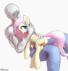 Size: 917x958 | Tagged: safe, artist:mlpanon, fluttershy, oc, oc:anon, human, pony, g4, blushing, butt, butt touch, cuddling, duo, flutterbutt, hand on butt, holding a pony, hug, human on pony snuggling, muscles, open mouth, petting, plot, simple background, smiling, snuggling, underhoof, white background
