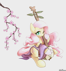 Size: 1280x1372 | Tagged: safe, artist:mlpanon, fluttershy, pegasus, pony, g4, cherry blossoms, clothes, colored pupils, cute, dexterous hooves, eyeshadow, female, flower, kimono (clothing), lidded eyes, looking at you, makeup, mare, musical instrument, one eye closed, shamisen, shyabetes, simple background, sitting, smiling, solo, sweet dreams fuel, tree branch, white background, wingding eyes, wink