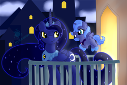 Size: 1280x853 | Tagged: safe, artist:intheallspark, princess luna, oc, oc:queen chernalia, alicorn, pony, g4, age of the alicorns, alicorn oc, balcony, cute, duo, ethereal mane, fanfic art, female, filly, flying, foal, lunabetes, mare, mother and daughter, starry mane, woona