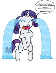 Size: 5100x6610 | Tagged: safe, artist:saburodaimando, rarity, pony, g4, make new friends but keep discord, absurd resolution, assisted exposure, belly button, bipedal, clothing theft, covering, crying, dialogue, embarrassed, embarrassed nude exposure, female, humiliation, marshmelodrama, naked rarity, nudity, ocular gushers, scene interpretation, simple background, solo, speech bubble, the worst possible thing, we don't normally wear clothes, white background