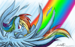 Size: 1280x800 | Tagged: safe, artist:jadedjynx, rainbow dash, g4, female, looking back, rainbow, solo