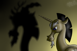 Size: 1280x850 | Tagged: safe, artist:aleximusprime, discord, g4, accord (alicorn), age of the alicorns, foreshadowing, shadow