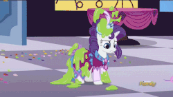 Size: 720x405 | Tagged: safe, edit, screencap, discord, fine line, maxie, perfect pace, rarity, spike, draconequus, dragon, pony, unicorn, g4, make new friends but keep discord, season 5, animated, assisted exposure, bipedal, blushing, clothes, clothing theft, covering, discovery family logo, dress, embarrassed, faic, female, frown, grand galloping gala, gritted teeth, humiliation, magic abuse, male, mare, naked rarity, ooze, ship:sparity, shipping, slime, straight, vacuum cleaner, we don't normally wear clothes, wide eyes