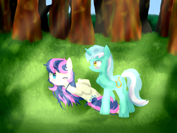 Size: 2592x1944 | Tagged: safe, artist:alexander56910, bon bon, lyra heartstrings, sweetie drops, g4, bedroom eyes, blushing, blushing profusely, chest fluff, female, forest, lesbian, one eye closed, ship:lyrabon, shipping