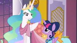 Size: 1440x807 | Tagged: safe, screencap, princess celestia, twilight sparkle, alicorn, pony, g4, make new friends but keep discord, clothes, dress, female, mare, ponies standing next to each other, twilight sparkle (alicorn)
