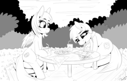 Size: 3134x2000 | Tagged: safe, artist:replica, oc, oc only, oc:cruise control, oc:reppy, earth pony, pegasus, pony, cookie, drawing, earth ponies cant draw, floppy ears, grayscale, high res, juice box, lineart, monochrome, mouth hold, outdoors, pencil, rule 63, sitting, smiling