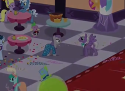 Size: 679x495 | Tagged: safe, screencap, lyrica lilac, maud pie, perry pierce, pokey pierce, silver script, smooze, spike, spring melody, sprinkle medley, time flies, pegasus, pony, g4, make new friends but keep discord, background pony, balloon, confetti, cropped, female, male, mare, open mouth, smiling, spoiler, spread wings, stallion, when she smiles