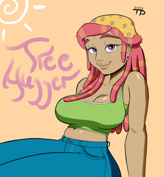 Size: 1200x1300 | Tagged: safe, artist:thethunderpony, tree hugger, human, g4, make new friends but keep discord, bedroom eyes, big breasts, breasts, busty tree hugger, cleavage, clothes, dark skin, earring, female, humanized, jeans, midriff, pants, piercing, solo