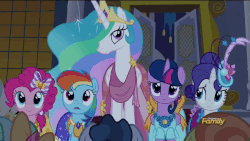 Size: 900x506 | Tagged: safe, screencap, lady justice, lyra heartstrings, pinkie pie, princess celestia, rainbow dash, rarity, serena, swift justice, time flies, twilight sparkle, alicorn, pony, g4, make new friends but keep discord, animated, c:, clothes, cute, cutelestia, discovery family, discovery family logo, dress, eyes closed, female, frown, gala dress, gif, glare, laughing, logo, looking at you, mare, smiling, twilight sparkle (alicorn), wide eyes