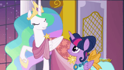 Size: 900x506 | Tagged: safe, screencap, princess celestia, twilight sparkle, alicorn, pony, g4, make new friends but keep discord, absurd file size, absurd gif size, animated, clothes, cute, cutelestia, double take, dress, duo, female, gala dress, grin, mare, smiling, surprised, talking, trollestia, twilight sparkle (alicorn), wide eyes