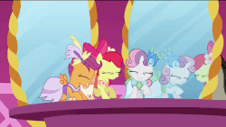 Size: 950x534 | Tagged: safe, screencap, apple bloom, discord, scootaloo, sweetie belle, g4, make new friends but keep discord, animated, cutie mark crusaders, eye, mirror, reflection