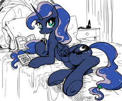 Size: 1200x1000 | Tagged: safe, artist:han_hyui, princess luna, alicorn, pony, g4, bed, black and white, cute, female, grayscale, looking at you, lunabetes, mare, one piece, partial color, soda, solo, underhoof