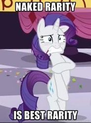 Size: 254x343 | Tagged: safe, edit, edited screencap, screencap, rarity, g4, make new friends but keep discord, assisted exposure, blushing, caption, clothing theft, covering, cropped, embarrassed, humiliation, image macro, lewd, meme, naked rarity, we don't normally wear clothes