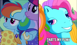 Size: 830x480 | Tagged: safe, screencap, rainbow dash, rainbow dash (g3), twilight sparkle, g3, g4, greetings from unicornia, make new friends but keep discord, alternate hairstyle, clothes, cropped, dress, gala dress, image macro, meme, rainbow dash always dresses in style, that's my pony, that's my x