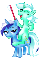 Size: 512x768 | Tagged: safe, artist:remyroez, lyra heartstrings, minuette, pony, unicorn, g4, ponies riding ponies, riding, toothbrush, unamused