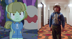 Size: 591x327 | Tagged: safe, dainty dove, dane tee dove, danny trottance, dark moon, graphite, masquerade, north star, perry pierce, pokey pierce, human, g4, make new friends but keep discord, comparison, danny torrance, irl, irl human, photo, ponified, the shining