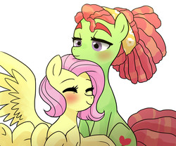 Size: 3000x2500 | Tagged: safe, artist:kianamai, fluttershy, tree hugger, earth pony, pegasus, pony, kilalaverse ii, g4, make new friends but keep discord, alternate hairstyle, blushing, eyes closed, female, high res, lesbian, mare, ship:flutterhugger, shipping, simple background, smiling, white background