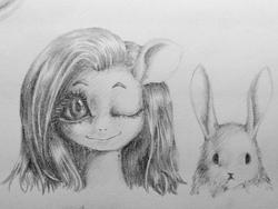 Size: 1024x768 | Tagged: safe, artist:unousaya, angel bunny, fluttershy, g4, grayscale, monochrome, traditional art