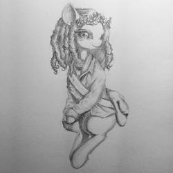 Size: 1024x1024 | Tagged: safe, artist:unousaya, tree hugger, g4, make new friends but keep discord, female, grayscale, monochrome, solo, traditional art