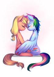 Size: 990x1400 | Tagged: safe, artist:bakki, applejack, rainbow dash, g4, butt touch, commission, cute, eyes closed, feathermarking, female, hug, lesbian, never doubt tchernobog's involvement, ship:appledash, shipping, smiling, winghug