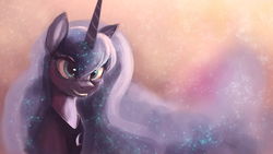 Size: 1920x1080 | Tagged: dead source, safe, artist:hierozaki, princess luna, pony, g4, bedroom eyes, bust, female, glowing mane, grin, looking at you, mare, smiling, solo, wallpaper