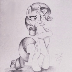 Size: 1024x1024 | Tagged: safe, artist:theasce, rarity, g4, make new friends but keep discord, assisted exposure, clothing theft, covering, embarrassed, female, monochrome, naked rarity, solo, traditional art, we don't normally wear clothes