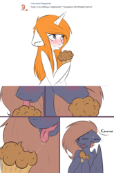Size: 1280x1944 | Tagged: safe, artist:noodlerain, oc, oc only, oc:noodle rain, ask, blushing, drool, eating, muffin, russian, translated in the comments, tumblr