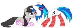 Size: 3000x1149 | Tagged: safe, artist:alexiy777, dj pon-3, octavia melody, vinyl scratch, earth pony, pony, unicorn, g4, bow, bowtie, clothes, female, lesbian, looking at each other, mare, ship:scratchtavia, shipping, simple background, smiling, socks, striped socks, transparent background, vector
