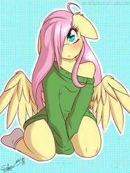 Size: 1500x2000 | Tagged: safe, artist:silverfox057, fluttershy, pegasus, anthro, g4, bare shoulders, blushing, clothes, cute, ear fluff, female, floppy ears, hair over one eye, oversized clothes, oversized shirt, shirt, shy, shyabetes, signature, socks, solo, sweater, sweatershy