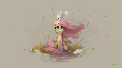 Size: 1920x1080 | Tagged: safe, artist:huussii, angel bunny, fluttershy, pegasus, pony, rabbit, g4, angelbetes, animal, beautiful, cute, featured image, female, flower, flower in hair, front view, full face view, looking at someone, looking up, male, mare, open mouth, shyabetes, simple background, sitting, sitting on head, that pony sure does love animals, wallpaper, wind, wind blowing, windswept mane