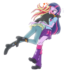 Size: 1000x1050 | Tagged: safe, artist:ta-na, sunset shimmer, twilight sparkle, human, equestria girls, g4, ass, blushing, bunset shimmer, butt, clothes, duo, female, glomp, heart, hug, lesbian, pants, ship:sunsetsparkle, shipping, simple background, twilight sparkle (alicorn), white background